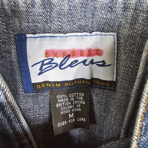 VTG 90s Express Bleus Denim Long Overall Dress M Modest Back Slit Patchwork - Picture 5 of 12